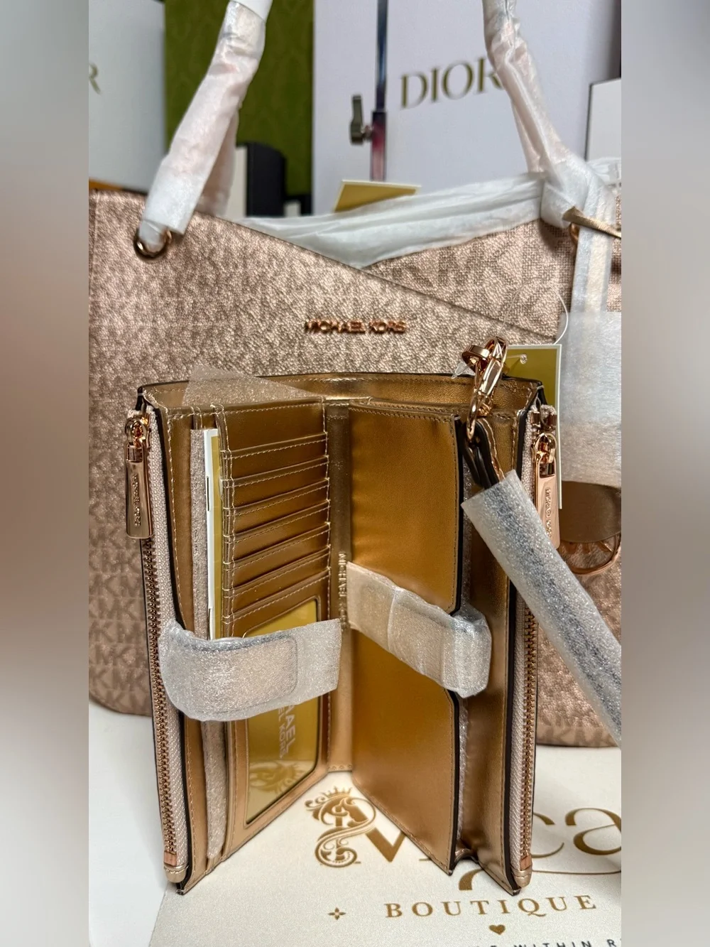 🆕MICHAEL KORS SETs Jet Set Large Chain Shoulder Tote Bag Rose Gold NWT💯Auth $750